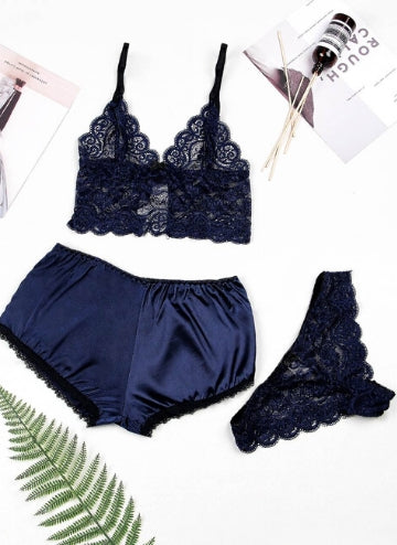 Blue Nightwear Lace Satin Top Pajama Sets