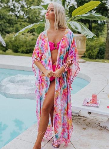 Multicolor Tie-dye Tassel Trim Kimono