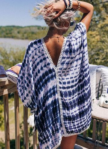 Blue Tie-dye Batwing Sleeves Beach Cover up