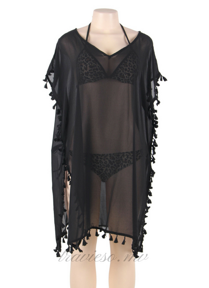 Black Pom Pom Tassel Hem Gauze Cover up - travieso.mv