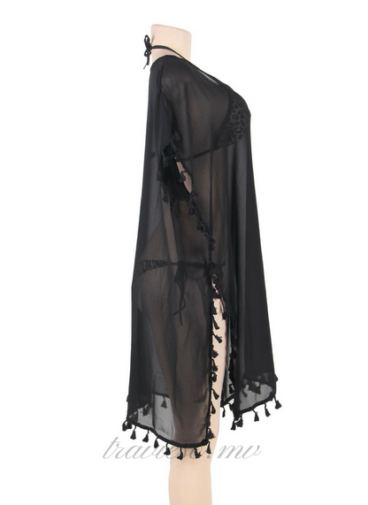 Black Pom Pom Tassel Hem Gauze Cover up - travieso.mv