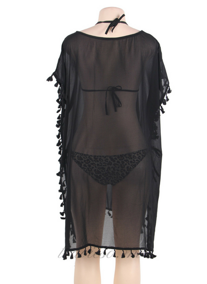 Black Pom Pom Tassel Hem Gauze Cover up - travieso.mv