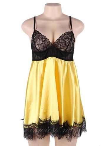 Yellow Satin Sexy Babydoll With Eyepatch