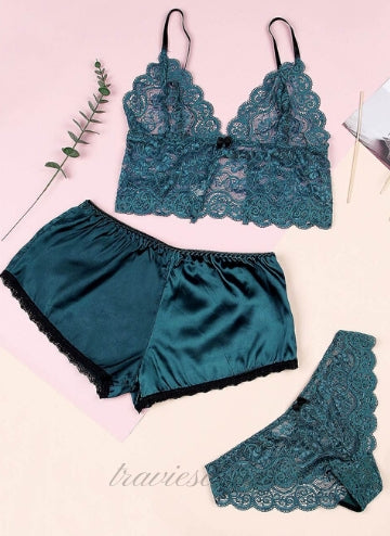 Green Nightwear Lace Satin Top Pajama Sets