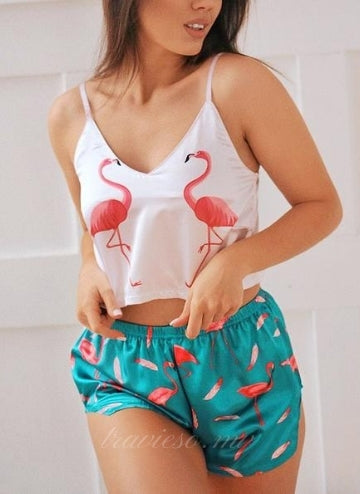 Flamingo Print Satin Pajama with Green Short