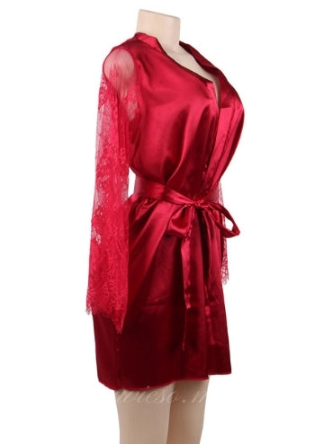 Wine Red Satin Lace Kimono