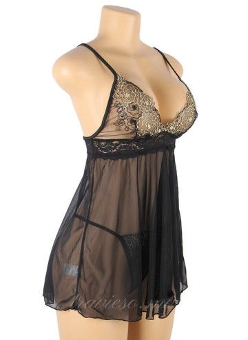 Black See-through Embroidery Babydoll