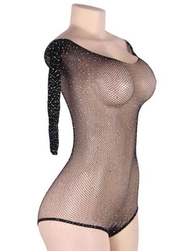 Long Sleeve Fishnet Off-the-shoulder Sparkle Bodysuit