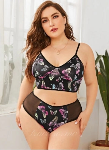 Butterfly Print Contrast Mesh Lingerie Set