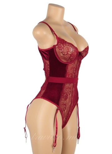 Red  Lace And Velour Stitching Teddy With Underwire