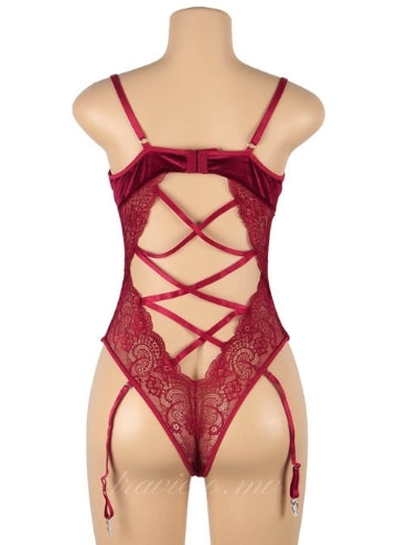 Red  Lace And Velour Stitching Teddy With Underwire