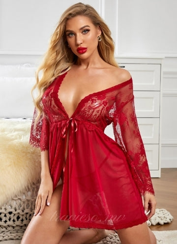 Red Romantic  Mesh Robe with Thong
