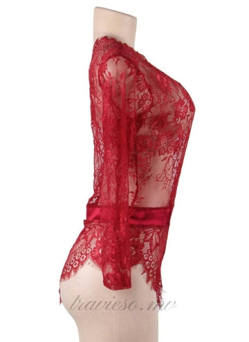 Red Lace Off-the-shoulder Long Sleeve Teddy