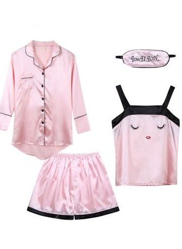 Pink Lapel Silk 3 Pcs Sleepwear