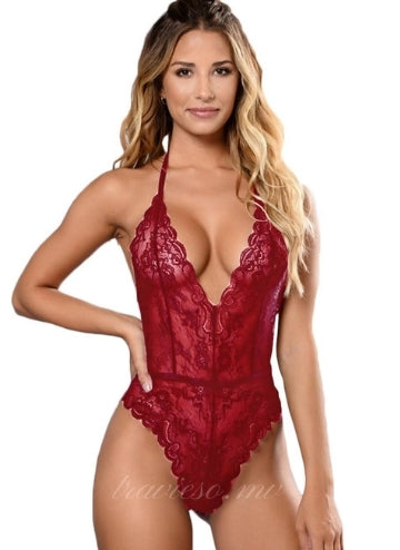 Dark Red Lace Sexy Hollow-out teddy