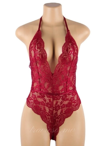 Dark Red Lace Sexy Hollow-out teddy