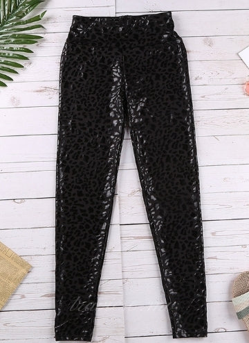 Black Shiny Leopard Textured Leggings