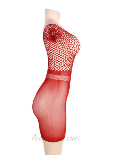 Red Mesh Hollow-out Chemise Bodystocking