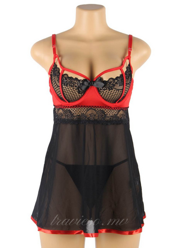 Black Red Short Lace Sleepwear with Underwire