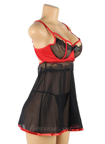 Black Red Short Lace Sleepwear with Underwire