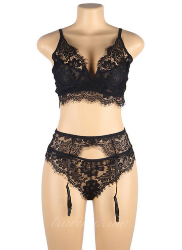 Embroidery Underwire Garter Lingerie Set